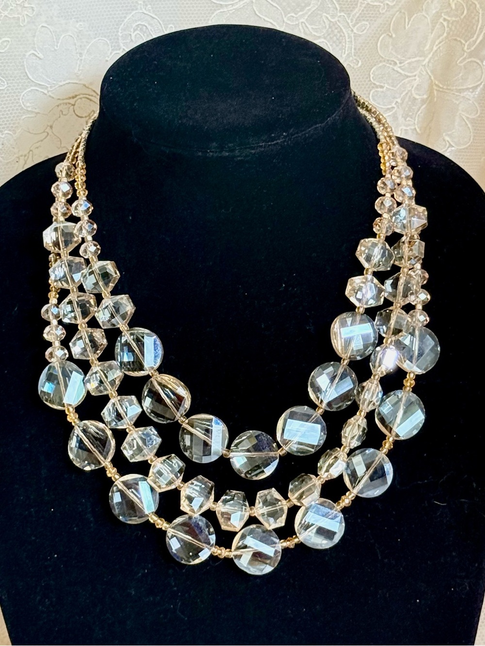 CHICO’S Faceted Crystal Bead Triple Strand Statement Necklace Golden Sparkle